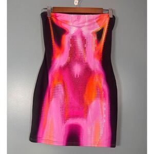 WHITE FOX Women's Abstract Print Bodycon Strapless Dress Pink Orange Black L